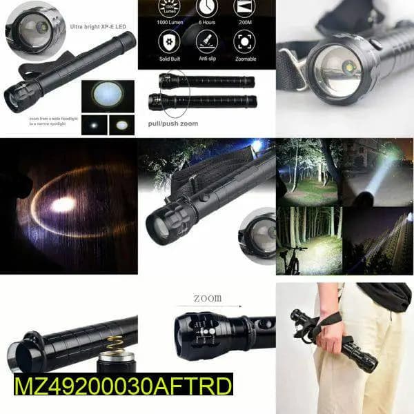   Material: Aluminium Alloy
  Case Color: Black
  Size 303 x 54 x 39mm
  Weight: 303g
  LED Source 1 x Cree XR-E Q5
  Brightness: 300lm
  Max Output: 3W Powerful Light
  Lighting Modes: High Low / Strobe Light
  Working Distance: 100 Meter
  Battery: 3D B